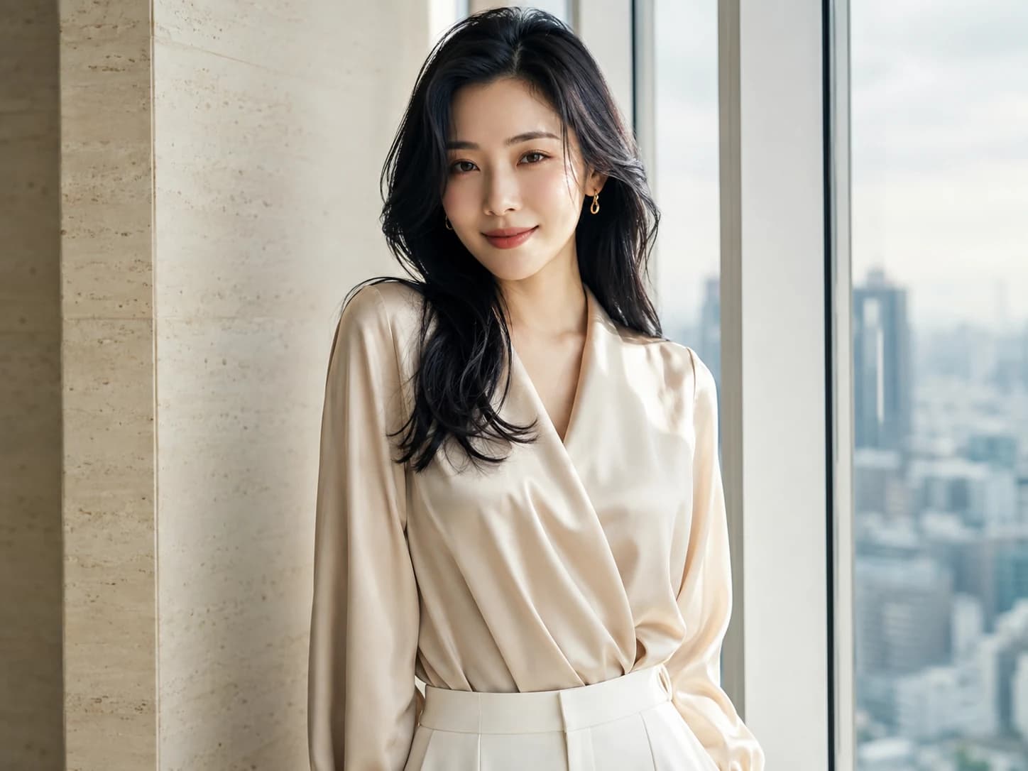 穏やかにほほえむ女性のイメージ。人物はAI生成です。